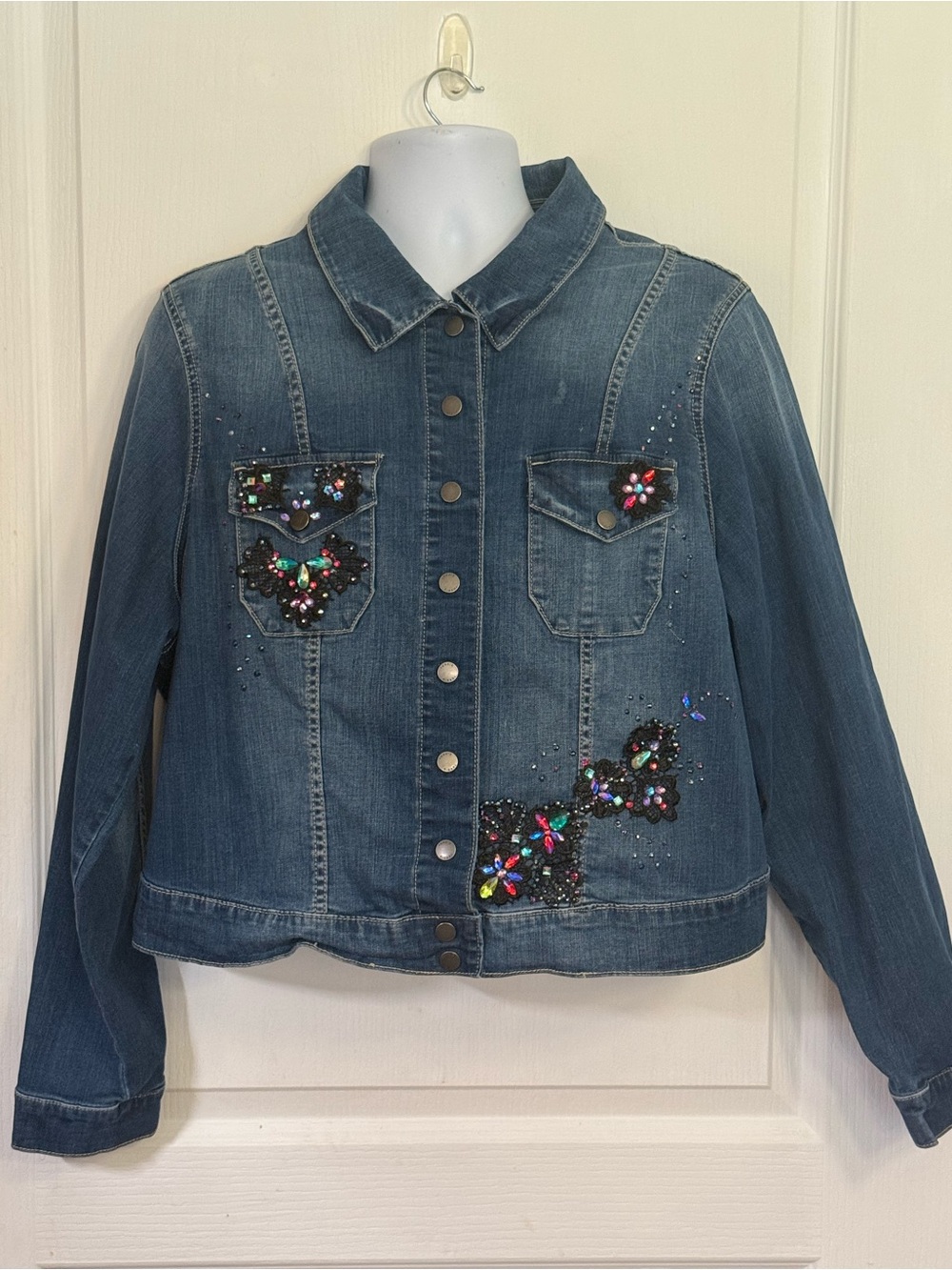 torrid dark blue denim jacket with colorful embellished spellback artwork - Picture 4 of 5